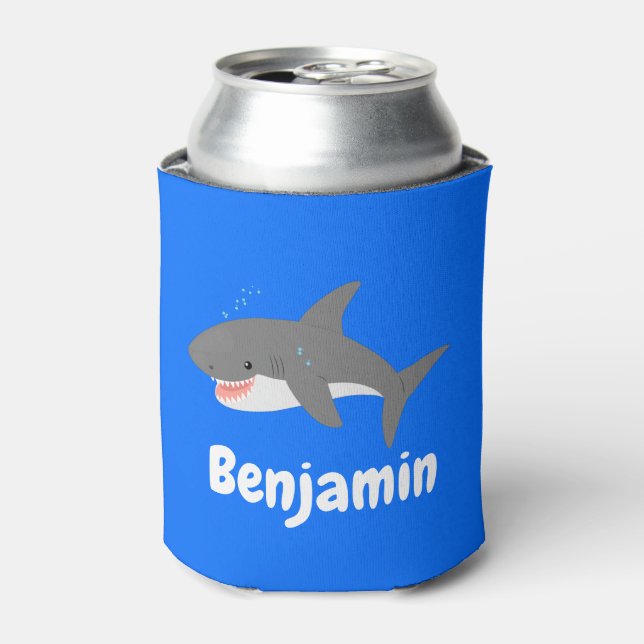 Great white shark happy cartoon illustration can cooler (Can Front)
