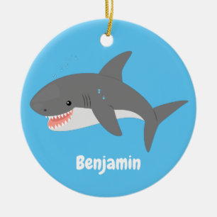 Great white shark happy cartoon illustration ceramic ornament