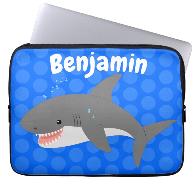 Great white shark happy cartoon illustration laptop sleeve (Front)