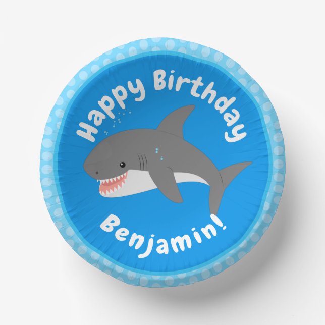 Great white shark happy cartoon illustration paper plate (Front)