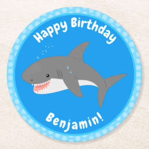 Great white shark happy cartoon illustration round paper coaster