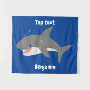Great white shark happy cartoon illustration tapestry