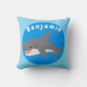 Great white shark happy cartoon illustration throw pillow