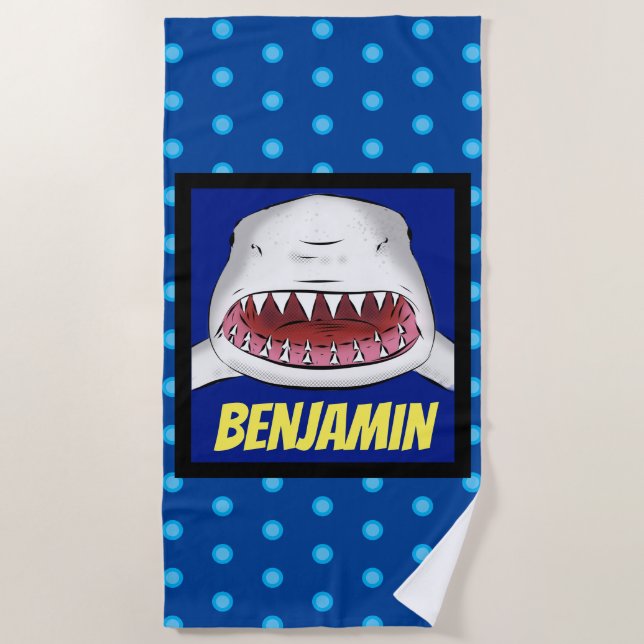 Great white shark mean cartoon illustration beach towel (Front)