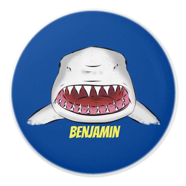Great white shark mean cartoon illustration ceramic knob (Front)