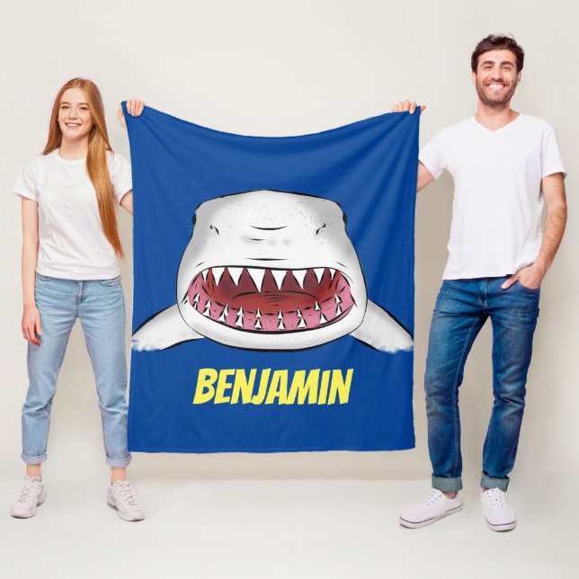 Great white shark mean cartoon illustration fleece blanket (In Situ)
