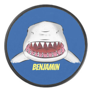 Great white shark mean cartoon illustration hockey puck