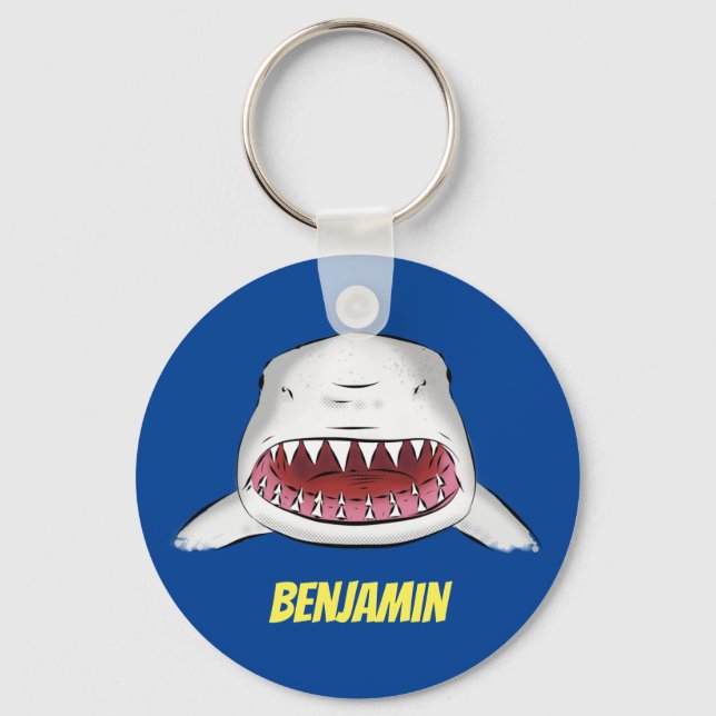 Great white shark mean cartoon illustration keychain (Front)