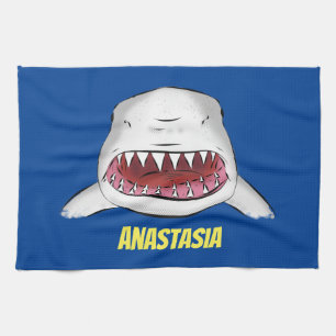 Great white shark mean cartoon illustration kitchen towel