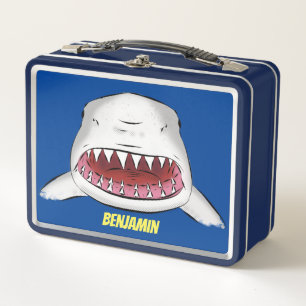 Great white shark mean cartoon illustration metal lunch box