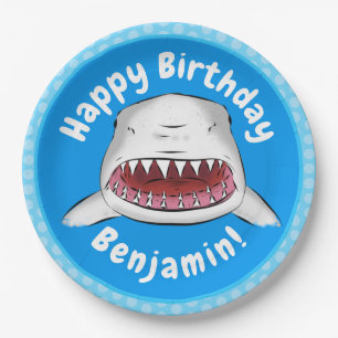 Great white shark mean cartoon illustration paper plate