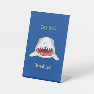 Great white shark mean cartoon illustration pedestal sign