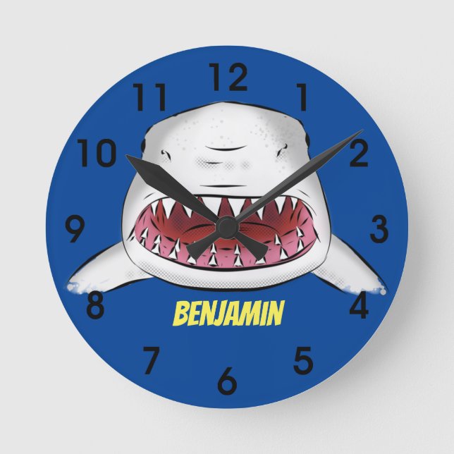 Great white shark mean cartoon illustration round clock (Front)