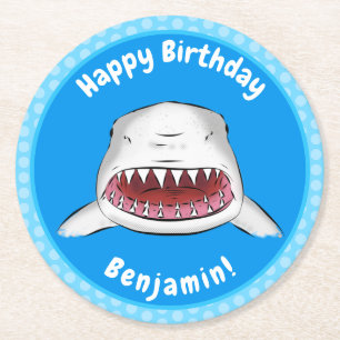 Great white shark mean cartoon illustration round paper coaster
