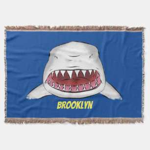 Great white shark mean cartoon illustration throw blanket