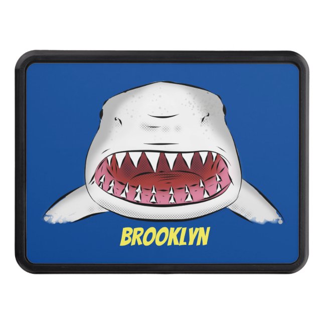 Great white shark mean cartoon illustration trailer hitch cover (Front)