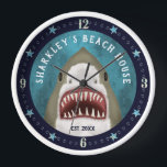 Great White Shark Nautical Custom Beach House Name Clock<br><div class="desc">Decorate your beach house with this cute nautical clock featuring a hand-drawn Great White Shark and a starfish border. Use the easy templates to add your text.</div>