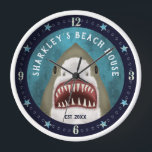 Great White Shark Nautical Custom Beach House Name Clock<br><div class="desc">Decorate your beach house with this cute nautical clock featuring a hand-drawn Great White Shark and a starfish border. Use the easy templates to add your text.</div>