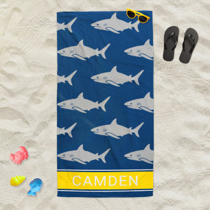Great White Shark Navy Yellow Monogram Name Beach Towel