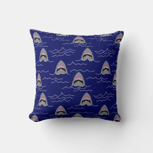 Great White Shark Patterned Blue Throw Pillow