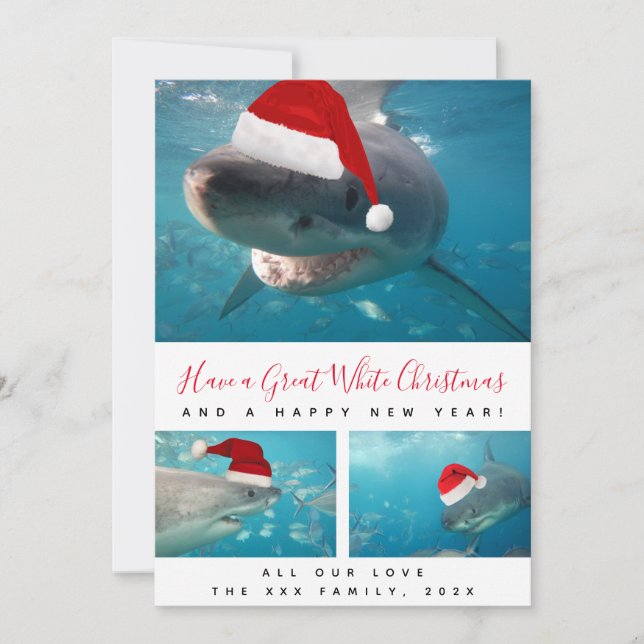 Great White Shark Red Script Multi Photo Collage Holiday Card (Front)