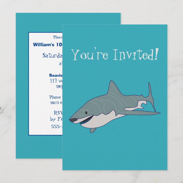 Great White Shark Swimming Illustration Birthday Invitation (Front/Back)