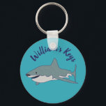 Great White Shark Teal Blue Personalized Keychain<br><div class="desc">This personalized keychain makes a fun party favour for shark-themed birthday parties or the perfect small gift for your favourite fan of sharks. It features an illustration of a great white shark against a bright blue background. Use the template field to personalize the message.</div>