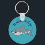 Great White Shark Teal Blue Personalized Keychain<br><div class="desc">This personalized keychain makes a fun party favour for shark-themed birthday parties or the perfect small gift for your favourite fan of sharks. It features an illustration of a great white shark against a bright blue background. Use the template field to personalize the message.</div>