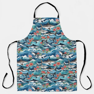 Great White Sharks In Crashing Waves Floral Apron