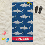 Great White Sharks Navy Red Custom Name Beach Towel<br><div class="desc">Ferociously cool personalized beach towel design features a nautical navy blue background with an ocean pattern of grey coloured great white sharks. Add a first or last name to the modern all caps custom text space with a simple red striped frame.</div>