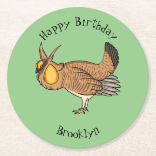 Greater prairie chicken cartoon illustration  round paper coaster