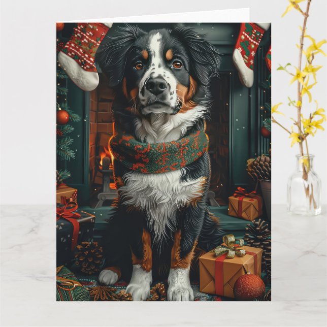 Greater Swiss Dog With Christmas Gifts Fireplace Card (Yellow Flower)