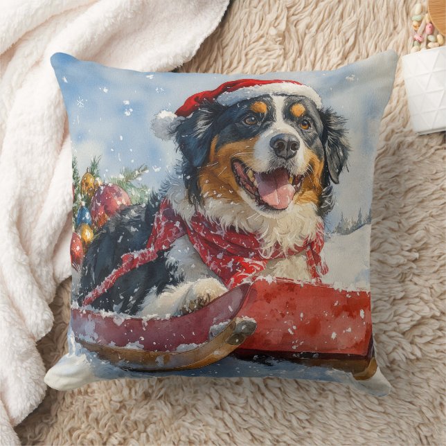 Greater Swiss Mountain Dog in Sledge Christmas Throw Pillow (Blanket)