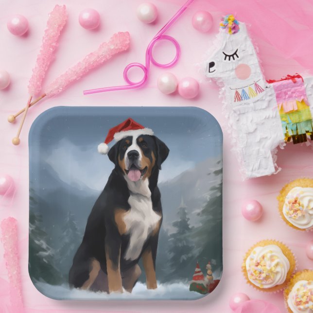 Greater Swiss Mountain Dog in Snow Christmas  Paper Plate (Party)