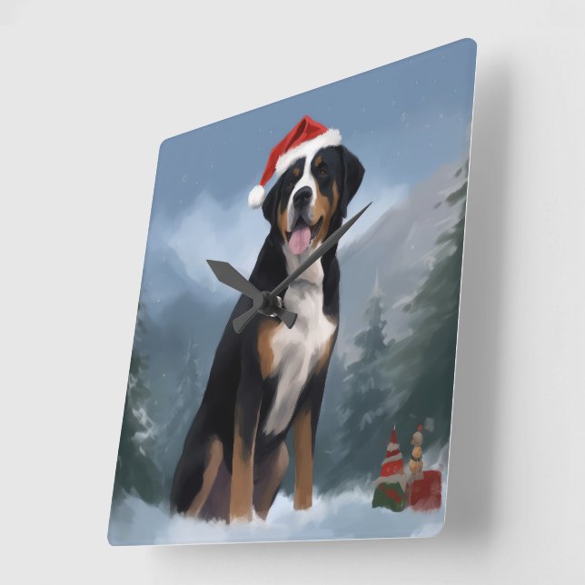 Greater Swiss Mountain Dog in Snow Christmas  Square Wall Clock (Angle)