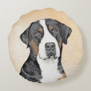 Greater Swiss Mountain Dog Painting - Original Art Round Pillow