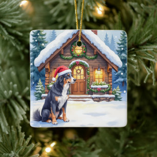 Greater Swiss Mountain Dog Snowy Cabin Santa Hat Ceramic Ornament