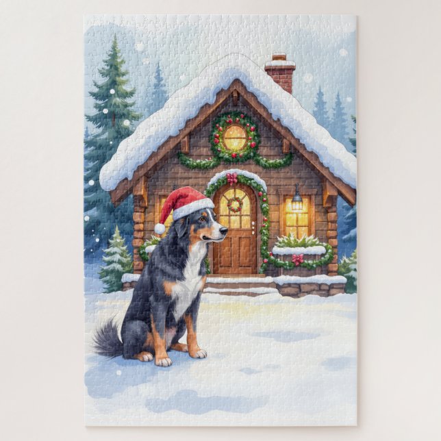 Greater Swiss Mountain Dog Snowy Cabin Santa Hat Jigsaw Puzzle (Vertical)