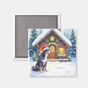 Greater Swiss Mountain Dog Snowy Cabin Santa Hat Magnet