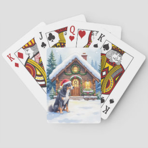 Greater Swiss Mountain Dog Snowy Cabin Santa Hat Playing Cards