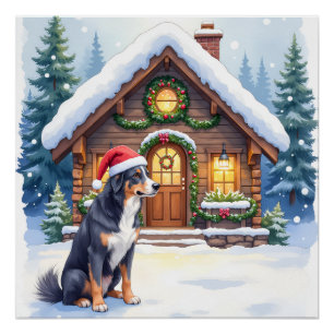 Greater Swiss Mountain Dog Snowy Cabin Santa Hat Poster