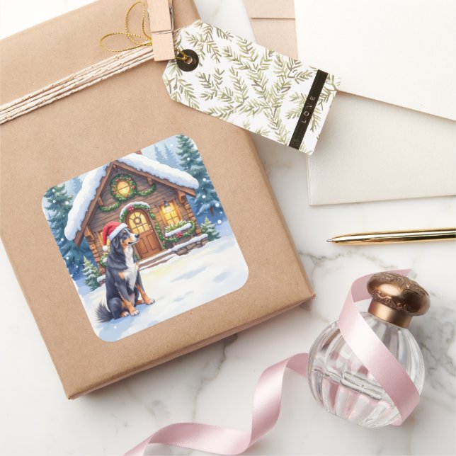 Greater Swiss Mountain Dog Snowy Cabin Santa Hat Square Sticker (Gifting)