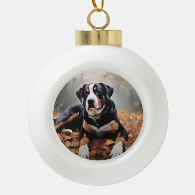 Greater Swiss Mountain  in Autumn Leaves Fall Ceramic Ball Christmas Ornament (Front)