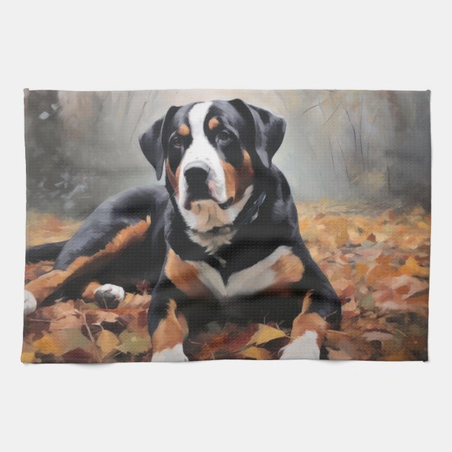 Greater Swiss Mountain  in Autumn Leaves Fall Kitchen Towel (Horizontal)
