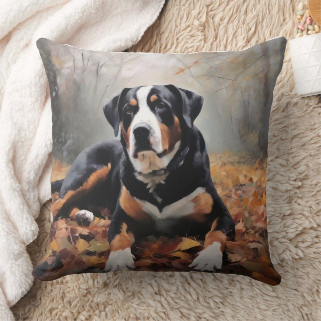 Greater Swiss Mountain  in Autumn Leaves Fall Throw Pillow (Blanket)