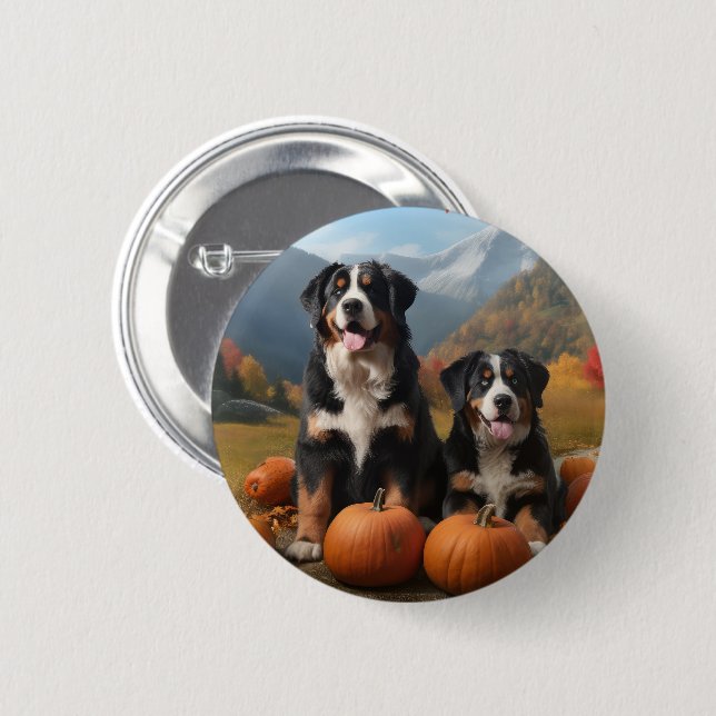 Greater Swiss Mountain Pup Autumn Delight Pumpkin 2 Inch Round Button (Front & Back)