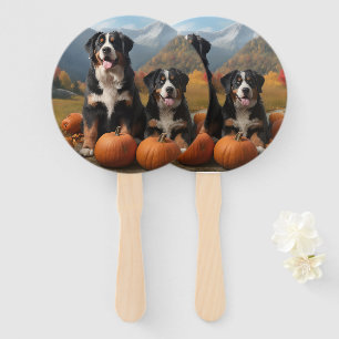 Greater Swiss Mountain Pup Autumn Delight Pumpkin Hand Fan