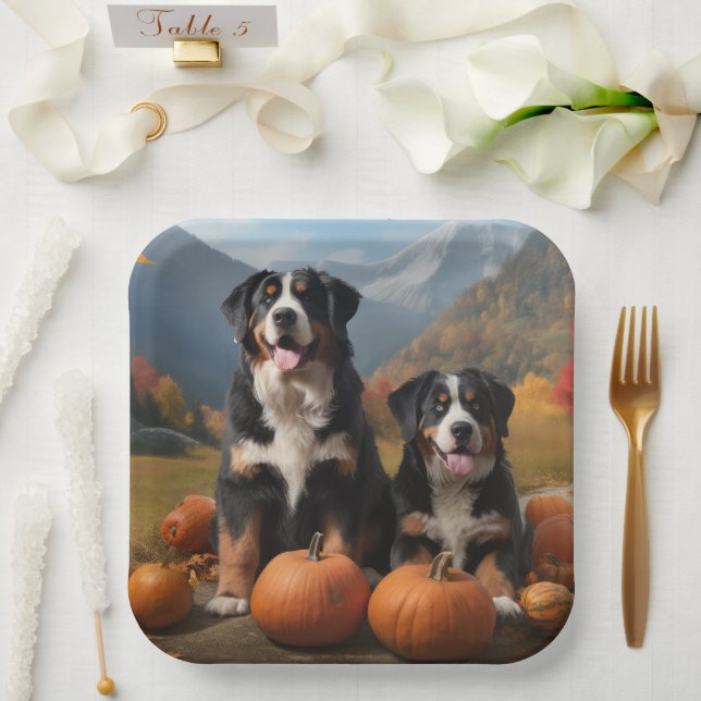 Greater Swiss Mountain Pup Autumn Delight Pumpkin Paper Plate (Wedding)
