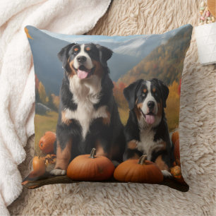 Greater Swiss Mountain Pup Autumn Delight Pumpkin Throw Pillow