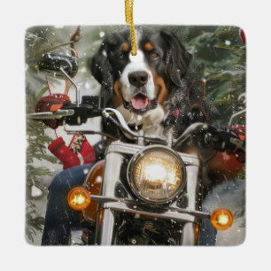 Greater Swiss Mountain Riding Motorcycle Christmas Ceramic Ornament